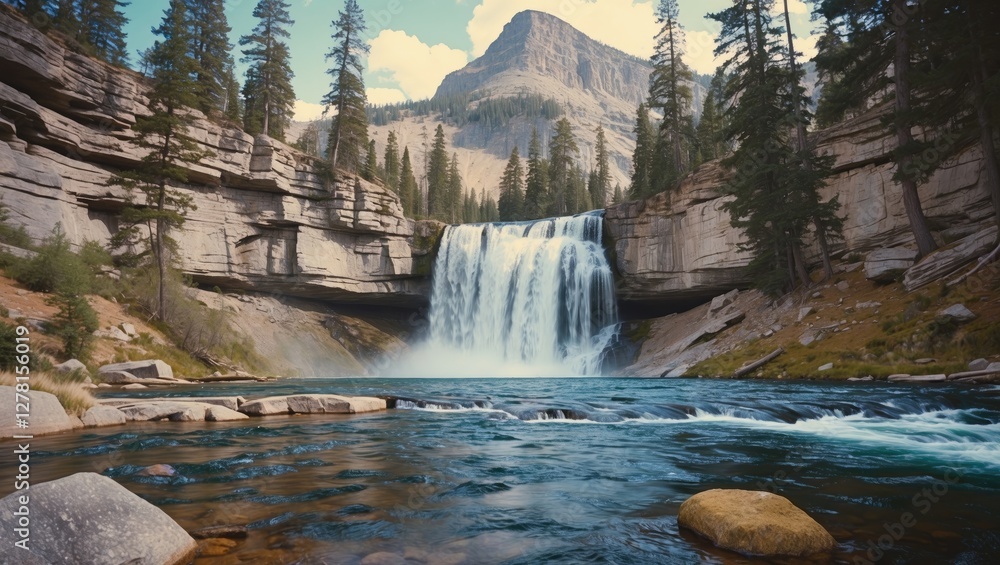 Poster waterfall cascading into a river surrounded by rocky cliffs and evergreen trees against a mountain b