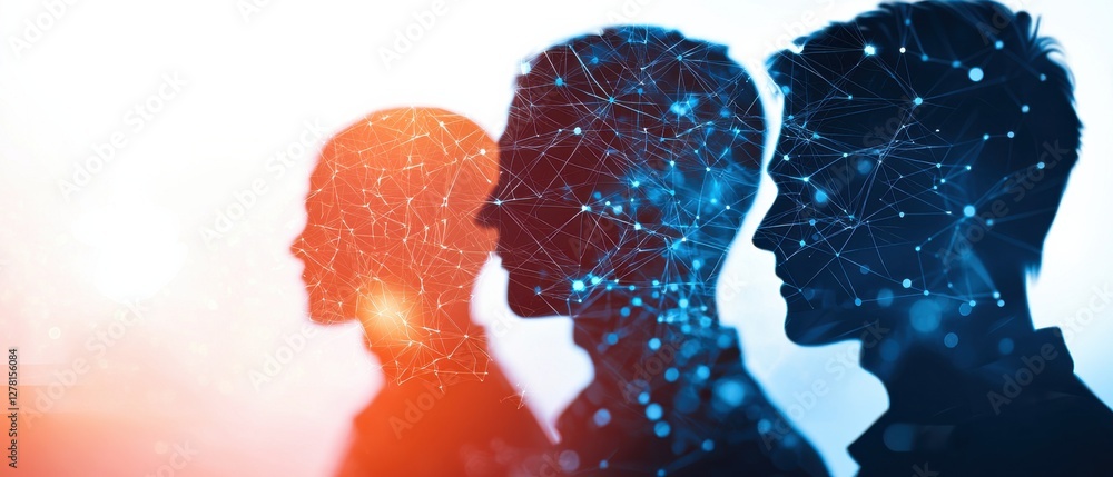 Aufkleber a colorful silhouette of three heads, showcasing a digital network theme with interconnected nodes a