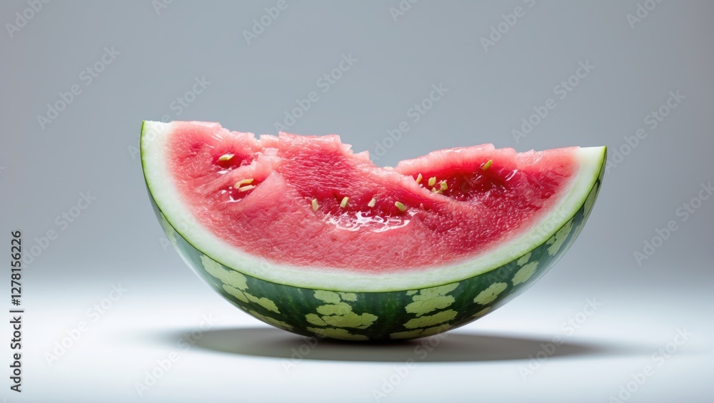 Poster cut watermelon slice on a plain background displaying vibrant red flesh and green rind with seeds vi