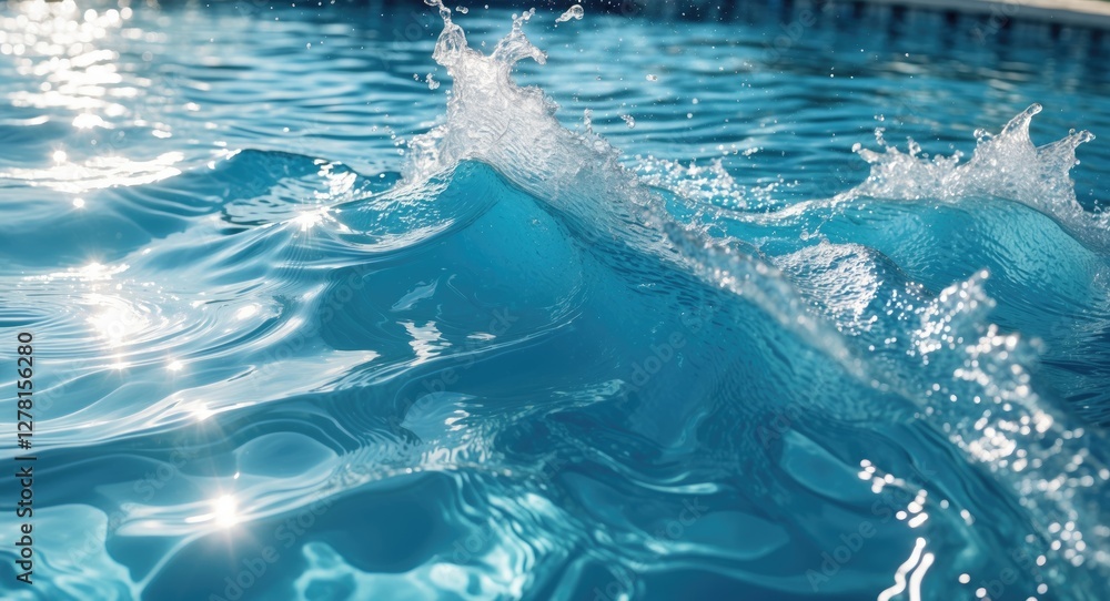 Poster rippling water surface with splashes under sunlight in a swimming pool reflecting light patterns and