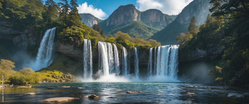 Aufkleber panoramic view of a large waterfall cascading into a river surrounded by lush mountains and trees un
