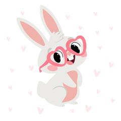 Vector illustration of a cute white bunny wearing heart-shaped glasses, surrounded by small hearts. Perfect for Valentine's Day, love-themed designs, greeting cards, and children's illustrations.