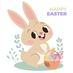 Vector illustration of a cute Easter bunny holding a basket with colorful eggs, ribbons, and flowers. Perfect for holiday greeting cards, children's designs, and festive decorations.