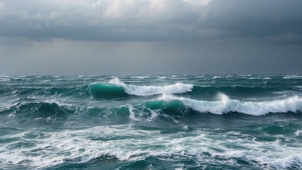 Naklejka premium stormy ocean waves under dark clouds with turbulent water and foam