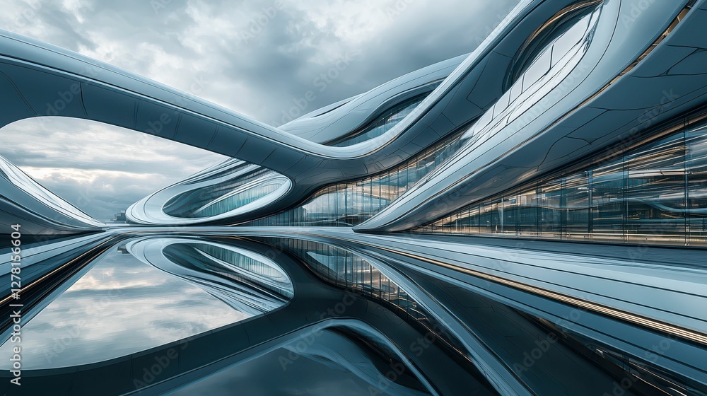 Poster futuristic architectural design with curved lines and reflection