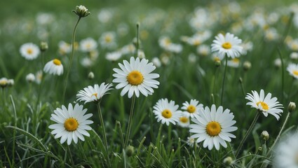 Obraz premium Close-up of blooming daisies in a green grassy field with blurred background and natural lighting in a spring season setting
