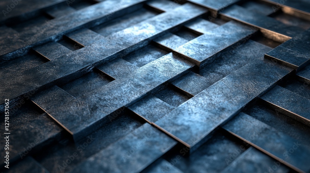 Poster an abstract textured image shows overlapping rectangular metal tiles