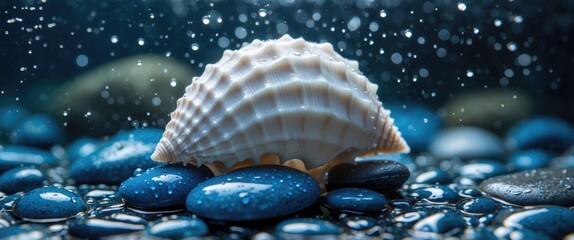 Close-up of a white seashell on wet blue stones with droplets of water in a blurred blue background.