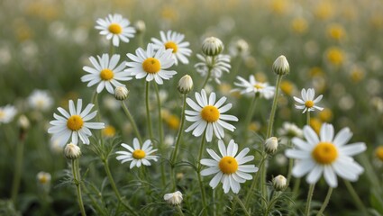 Fototapeta premium field of blooming daisies with white petals and yellow centers in soft natural light