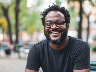 A man with a big smile waiting at his favorite spot in the park. 