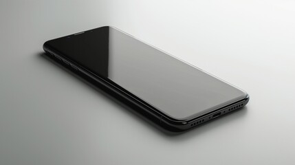 A sleek black smartphone lies elegantly on a smooth surface, showcasing its modern design and glossy screen.