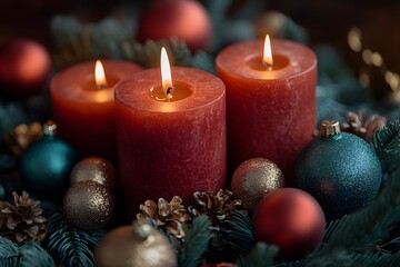 Festive Holiday Candle Arrangement with Ornaments for Christmas Decor