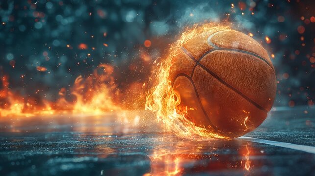 A fiery basketball rolling on a court, showcasing intense motion and dynamic energy in a dramatic setting.