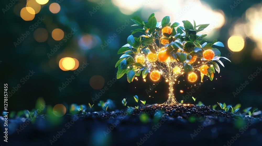 Poster glowing tree with oranges in magical setting