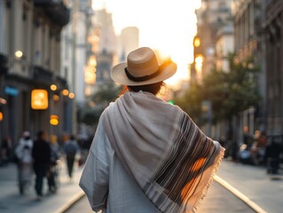 A person in traditional national attire walking through the city 