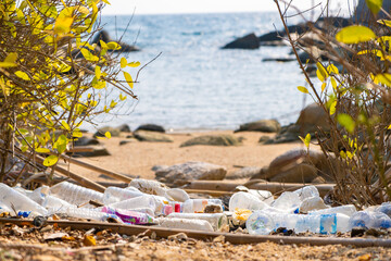 Plastic waste, plastic cups at the beach. Concept of environmental problems and saving the planet.