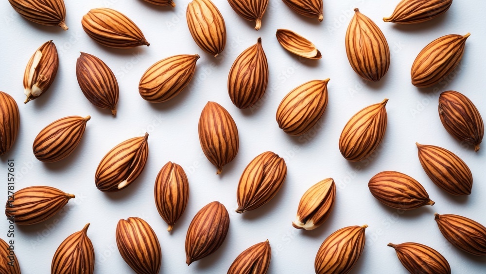 Poster brown striped seeds arranged uniformly on a light background displaying natural textures and pattern