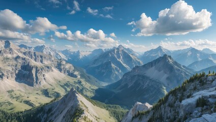 Obraz premium Mountain landscape with rugged peaks under a partly cloudy sky in a panoramic view of nature in daylight.