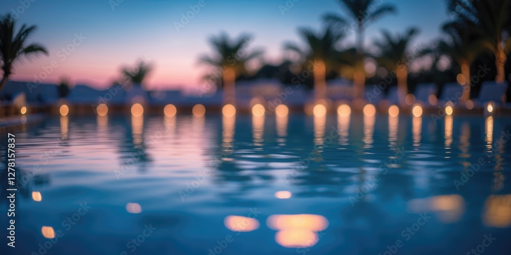 Aufkleber blurred image of a tranquil swimming pool at twilight with palm trees and illuminated lights reflect