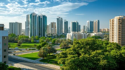 Obraz premium Urban Skyline with Modern Buildings and Lush Green Landscape