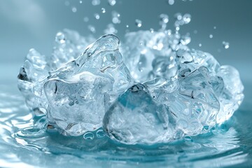 Close-up of crystal-clear water splashing, creating ripples and droplets against a soft blue backdrop.
