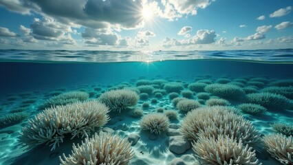 Split view of coral reef with bleached corals underwater and bright sunlit sky above	