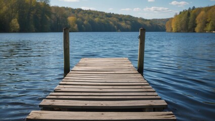 Obraz premium Wooden dock extending into calm lake surrounded by trees in autumn colors under clear blue sky