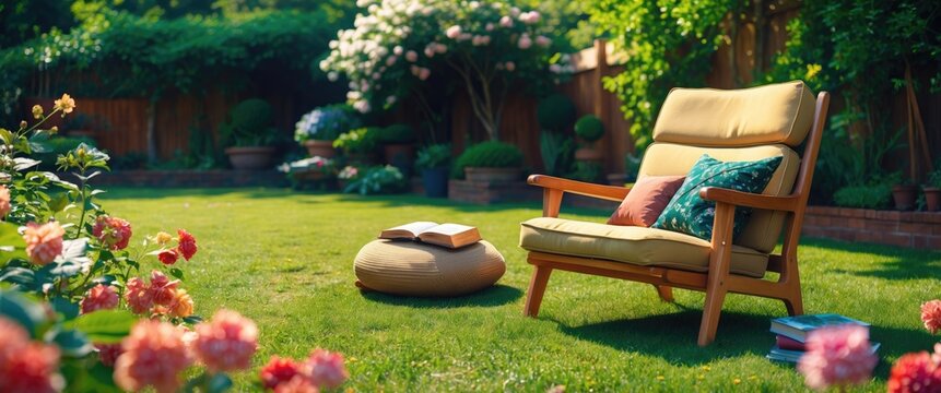 Cozy outdoor garden scene featuring a yellow armchair, colorful cushions, a pouf, books, and blooming flowers in a vibrant setting.