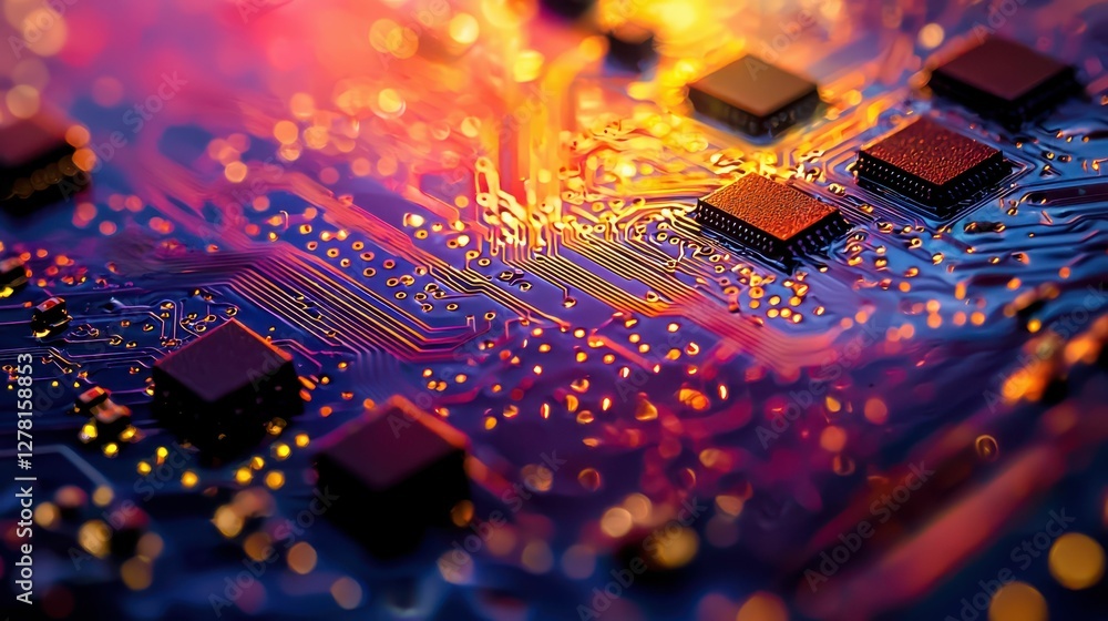 Poster abstract close-up of colorful circuit board with electronic components