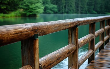 Close-up of a wooden guardrail on a rustic bridge overlooking a serene lake, showcasing nature's craftsmanship.