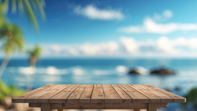 Wooden table with blurred tropical beach background and ocean waves under a clear blue sky with clouds