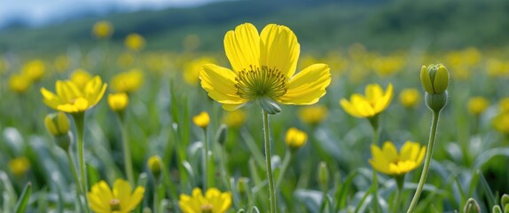 Fototapeta premium Field of bright yellow flowers with a focus on a single bloom against a blurred background of more flowers and greenery.