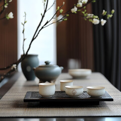 Serene Tea Ceremony: An elegant tea ceremony setup with a beautiful floral arrangement creates a harmonious scene. Soft light enhances the delicate porcelain and traditional pottery.