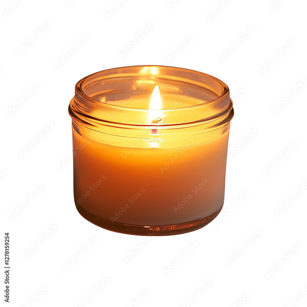 Poster glowing candle in glass jar, creating warm and inviting atmosphere. soft light enhances relaxation and tranquility, perfect for any setting