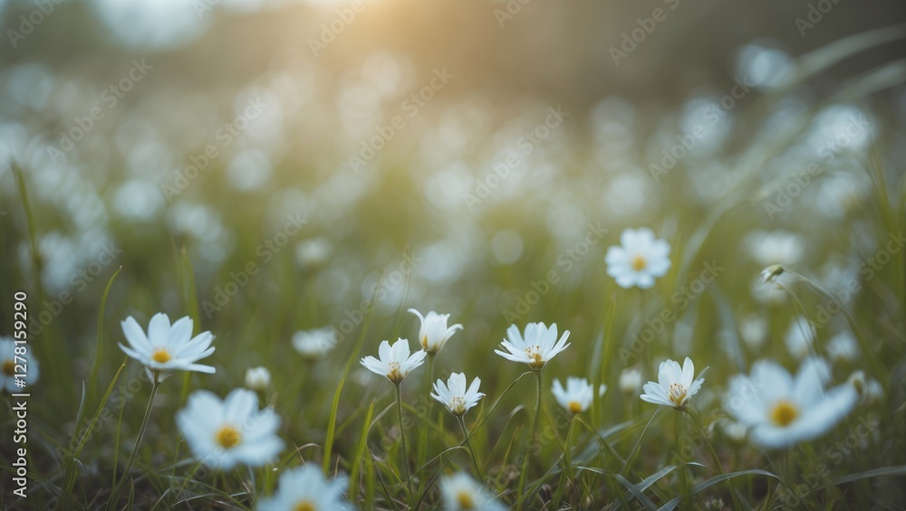 Aufkleber close-up view of white daisies in a green field during golden hour with soft bokeh background effect