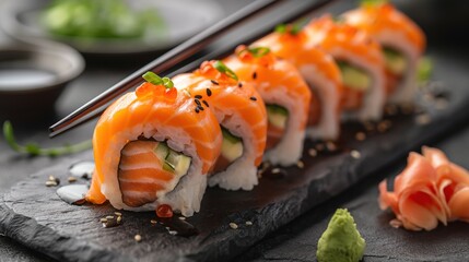 Delicious salmon sushi rolls garnished with fresh ingredients, served elegantly on a slate plate.