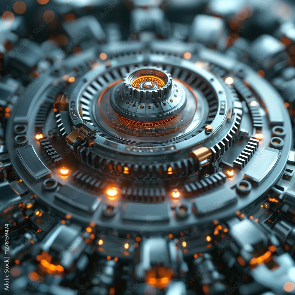 Poster abstract close-up of a futuristic mechanical device with glowing elements and intricate details.