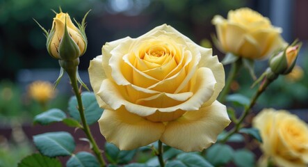 Yellow rose bloom and buds in a garden with soft focus background, showcasing vibrant petals and fresh green leaves.