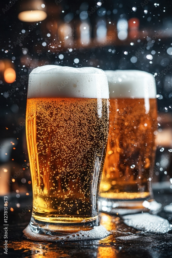 Poster refreshing golden beer with frothy head in tall glasses creating a celebratory mood and a vibrant pu