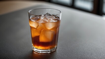 Glass of whiskey with ice cubes on a dark surface with blurred background of a bar or restaurant setting