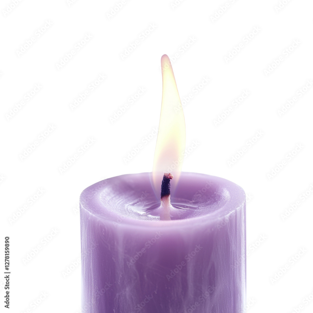 Poster purple candle with soft flame, creating calming atmosphere. wax shows smooth texture, enhancing sere
