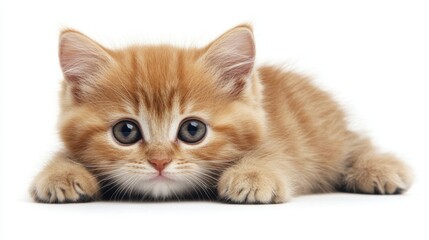 Adorable ginger kitten lying down on white background with captivating eyes and soft fur creating a heartwarming scene of innocence and charm