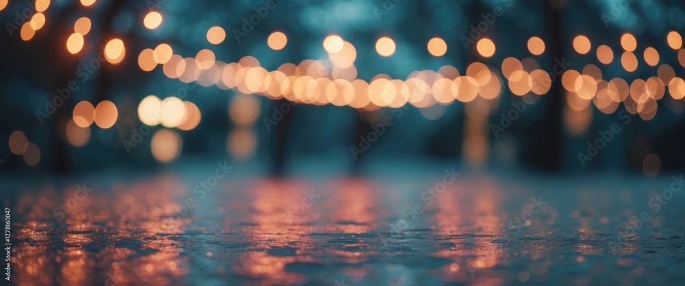Poster bokeh lights hanging above a wet surface during a nighttime outdoor event with soft focus and blurre