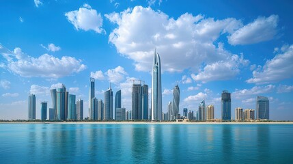 Fototapeta premium Modern Skyscrapers and Clear Blue Sky by the Water in Dubai