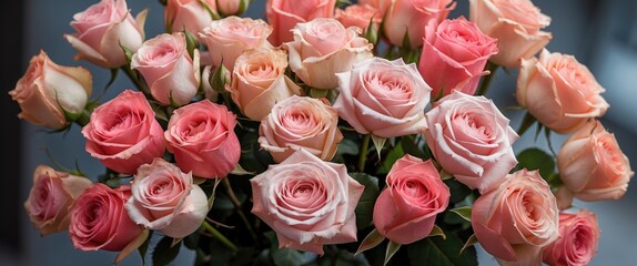 Bouquet of fresh pink and peach roses arranged in a decorative display with green foliage background