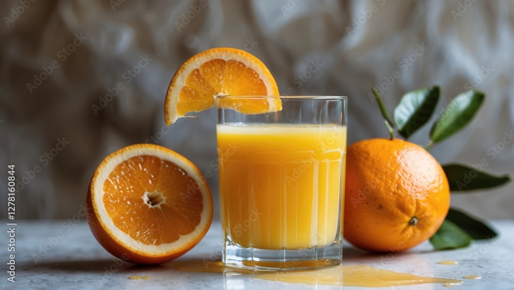Poster freshly squeezed orange juice in a glass with orange slices and whole oranges on a stone surface wit