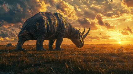 Fototapeta premium Majestic Rhinoceros Under Vibrant Sunset Sky in Open Landscape