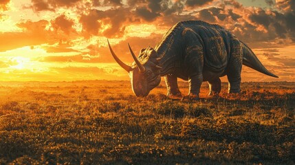 Fototapeta premium Majestic Dinosaur Grazing in a Serene Sunset Landscape