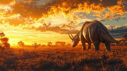 Fototapeta premium Dinosaur at Sunset in a Vibrant Landscape with Dramatic Clouds