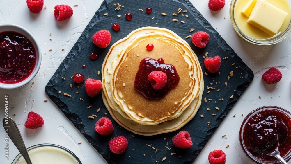Poster Stack of pancakes topped with raspberry jam and fresh raspberries on a black slate platter with butter and jars of jam on a white table.